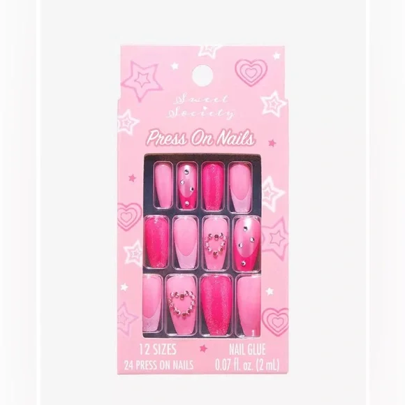 SWEET SOCIETY Pink Rhinestone Jeweled Coffin Shaped Press On Nails Manicure Set - Picture 4 of 5
